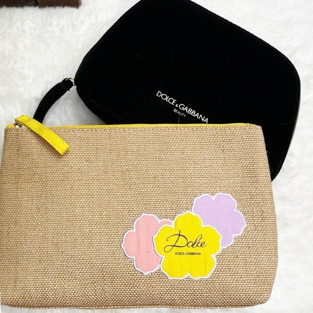 Set-Dolce & Gabbana Beige Jute & Black Velvet Cosmetic Bags